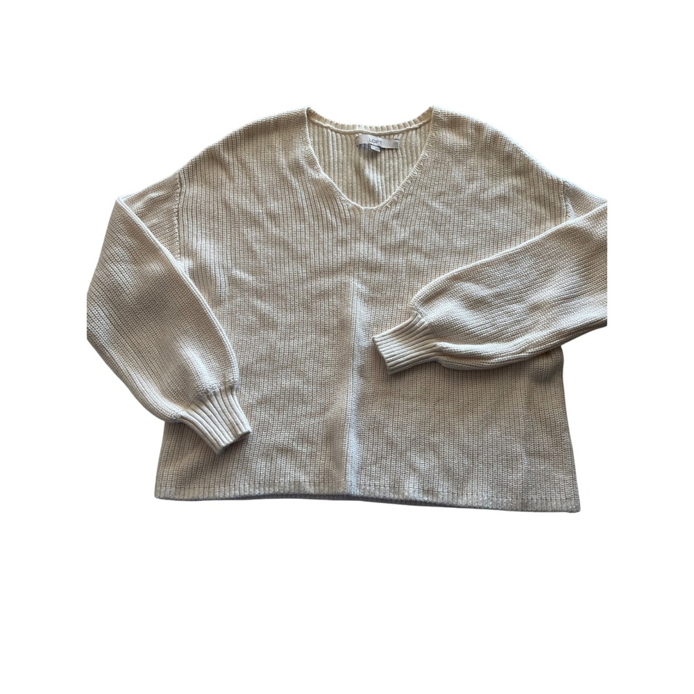 LOFT Women Cream Cotton Shaker Stitch V-Neck Balloon Sleeve Sweater Small